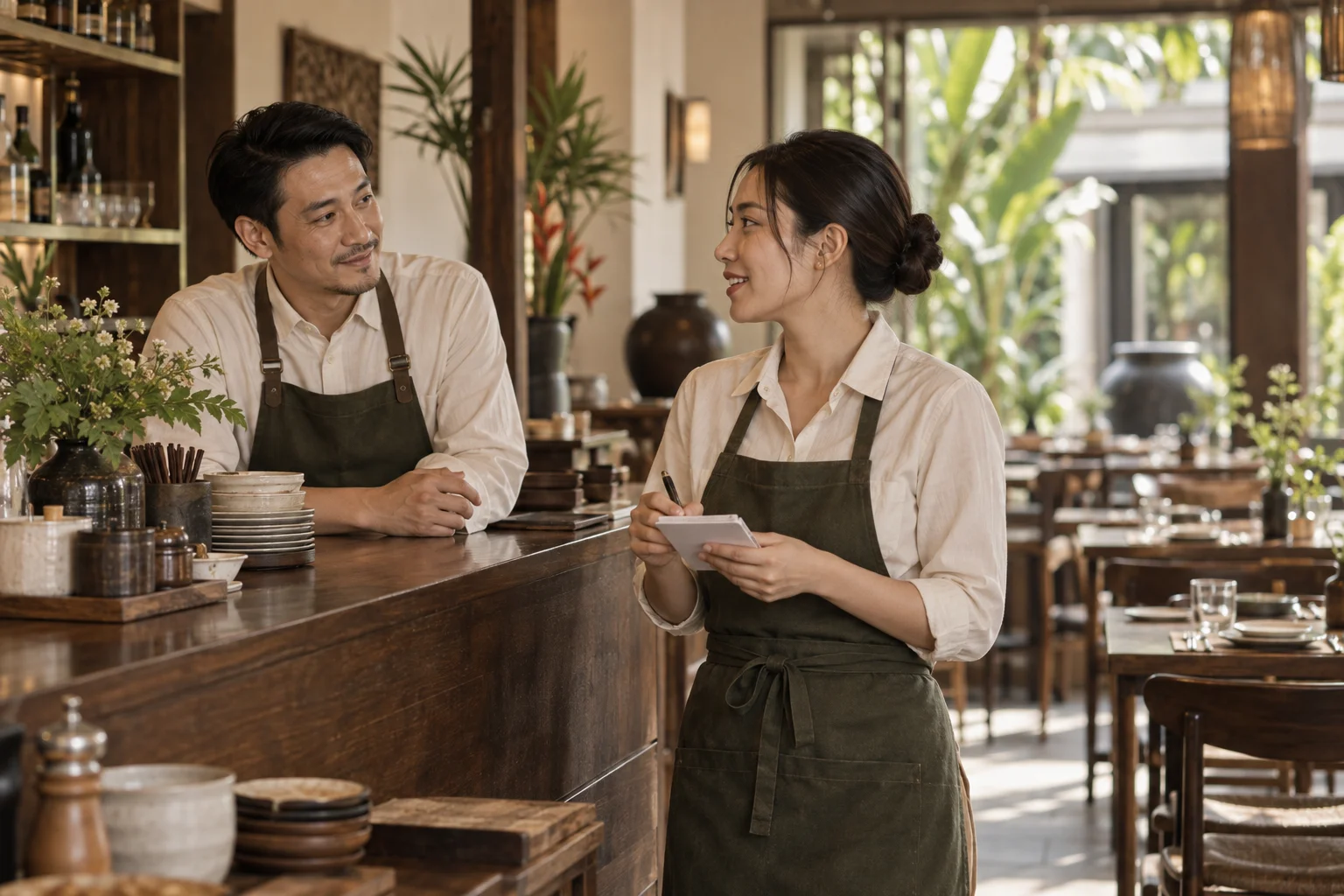 An illustrative scene of hospitality professionals preparing for service in a warm, contemporary restaurant